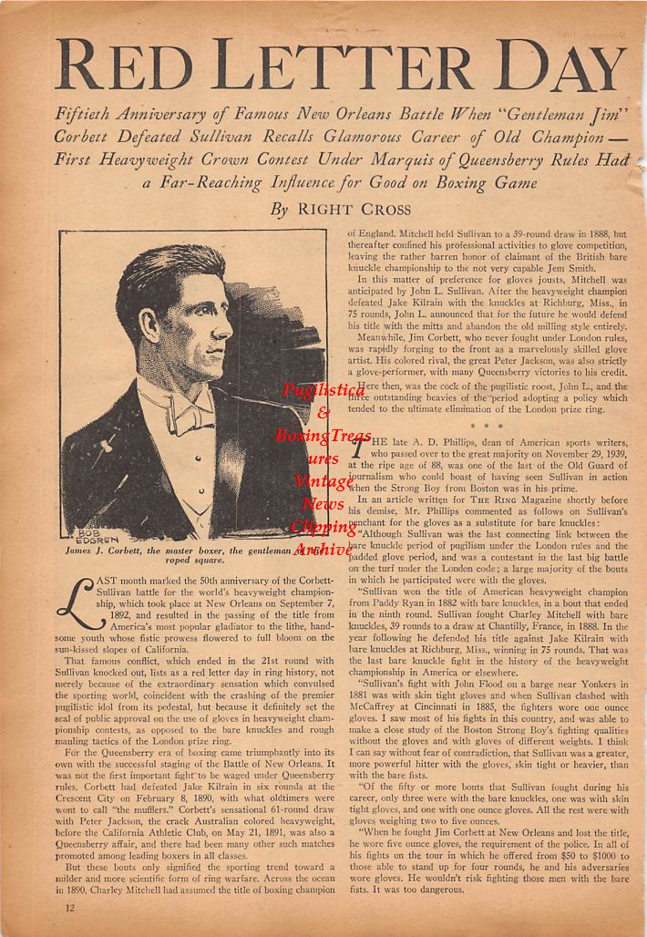 Boxing News Clipping #320 - James J. Corbett, Fritzie Zivic, Garvey Young, Bobby Ruffin, Bob Montgomery, Aldo Spoldi, Henry Armstrong and others