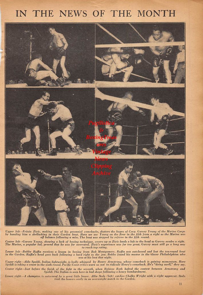 Boxing News Clipping #320 - James J. Corbett, Fritzie Zivic, Garvey Young, Bobby Ruffin, Bob Montgomery, Aldo Spoldi, Henry Armstrong and others