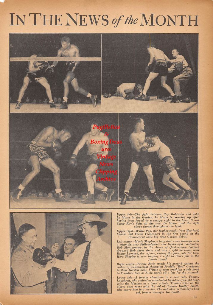 Boxing News Clipping #331 - Sugar Ray Robinson vs. Jake LaMotta, Willie Pep vs. Frank Franconeri, Maxie Shapiro vs. Bob Montgomery, Fritzie Zivic vs. Red Cochrane, Tommy Tucker and others