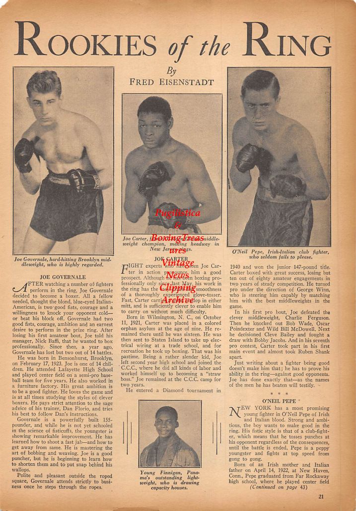 Boxing News Clipping #332 - Joe Governale, Joe Carter, O'Neil Pepe, Young Finnigan, Chalky Wright vs. Lulu Costantino