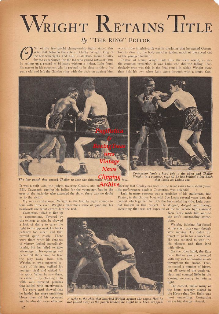 Boxing News Clipping #332 - Joe Governale, Joe Carter, O'Neil Pepe, Young Finnigan, Chalky Wright vs. Lulu Costantino