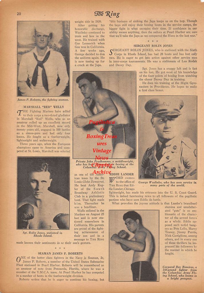 Boxing News Clipping #333 - James P. Roberts, Rolin Jones, John Prudhomme, George Waslinko, Ray Ramirez, Marshall Wells, Alex Parrish, Melio Bettina, Fred Tanner, Karl Malm