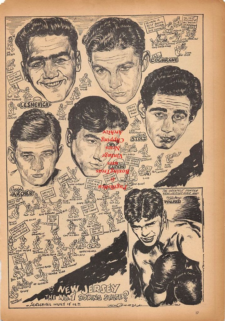 Boxing News Clipping #334 - New Jersey Boxers cartoon, Billy Soose, Fred Cookson, Ted Feldman, Sammy Angott, Red Alderson and others