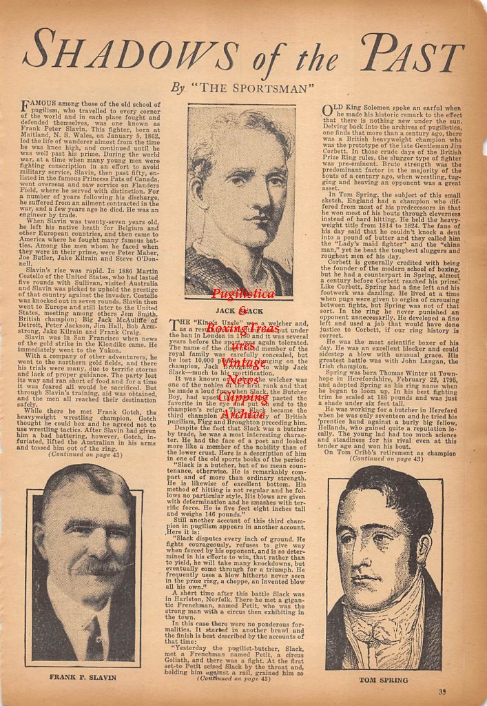 Boxing News Clipping #343 - Jack Slack, Frank Slavin, Tom Spring, Jimmy Warren, Ray Brown, Jimmy Paraggio