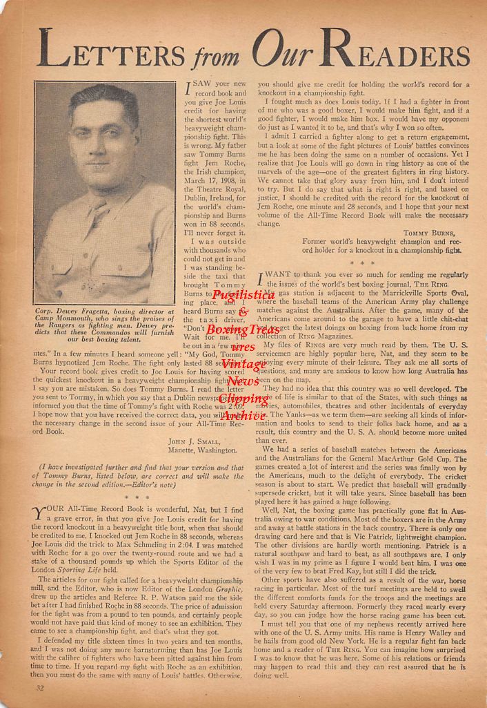 Boxing News Clipping #345 - Stanley Ketchel, Philadelphia Jack O'Brien, Dewey Fragetta