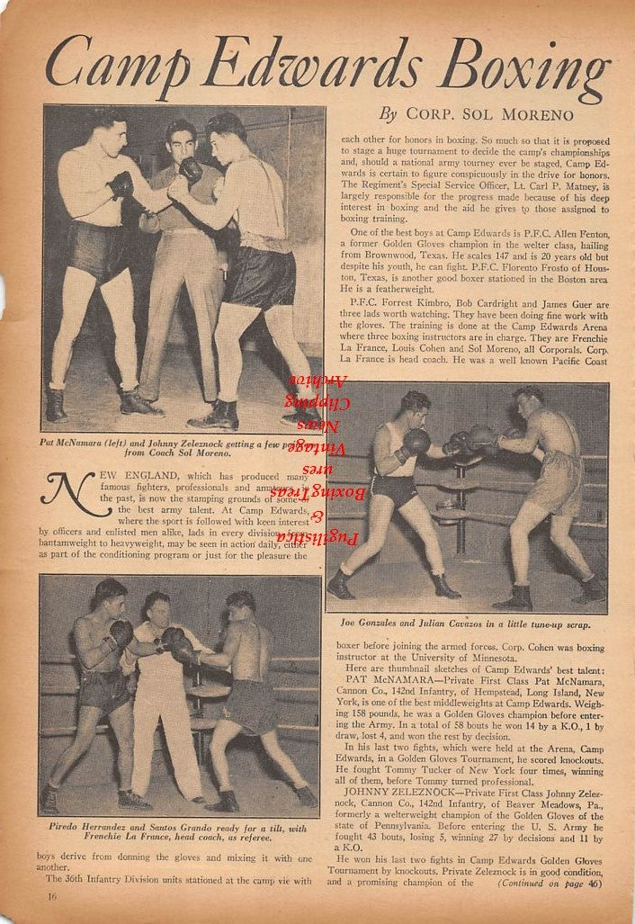 Boxing News Clipping #353 - Pat McNamara, Johnny Zeleznock, Joe Gonzales, Julian Cavazos, Piredo Herrandez, Santos Grando, Archie Moore, Benny Deathpaine