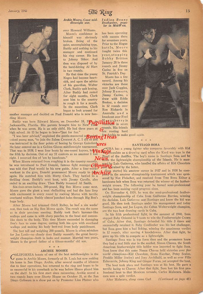 Boxing News Clipping #353 - Pat McNamara, Johnny Zeleznock, Joe Gonzales, Julian Cavazos, Piredo Herrandez, Santos Grando, Archie Moore, Benny Deathpaine