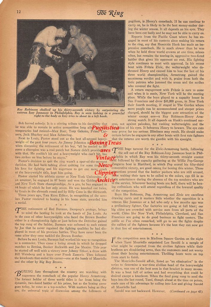 Boxing News Clipping #355 - Tami Mauriello vs. Lee Savold, Sugar Ray Robinson vs. Izzy Jannazzo