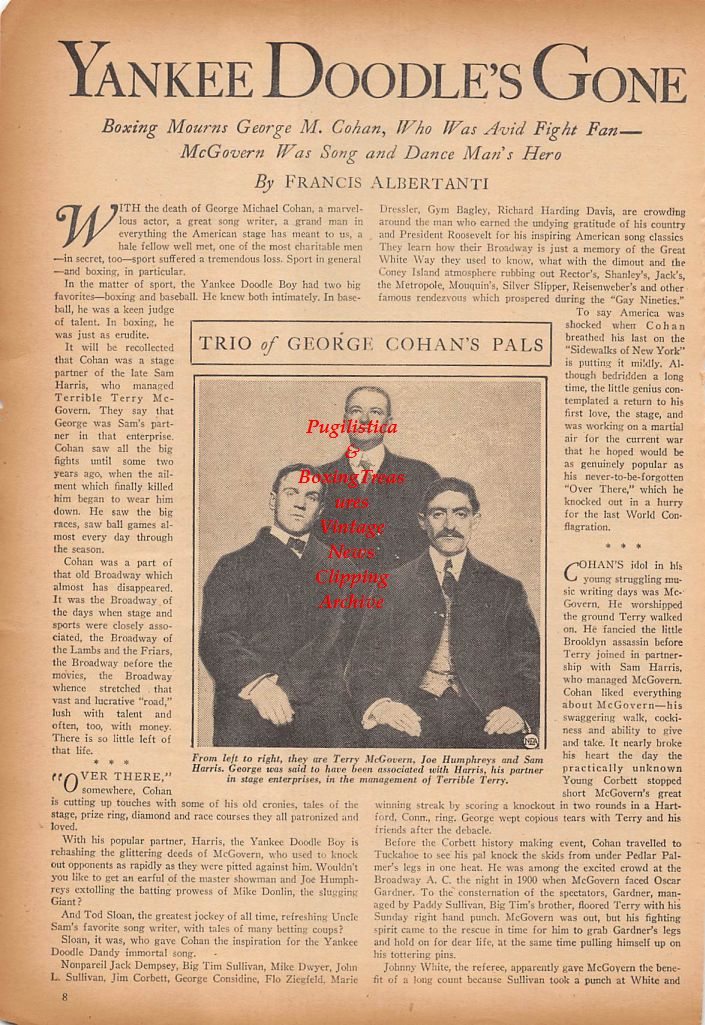 Boxing News Clipping #357 - "Boxing Mourns George M. Cohan" Terry McGovern, Joe Humphreys, Sam Harris, Bill Brown