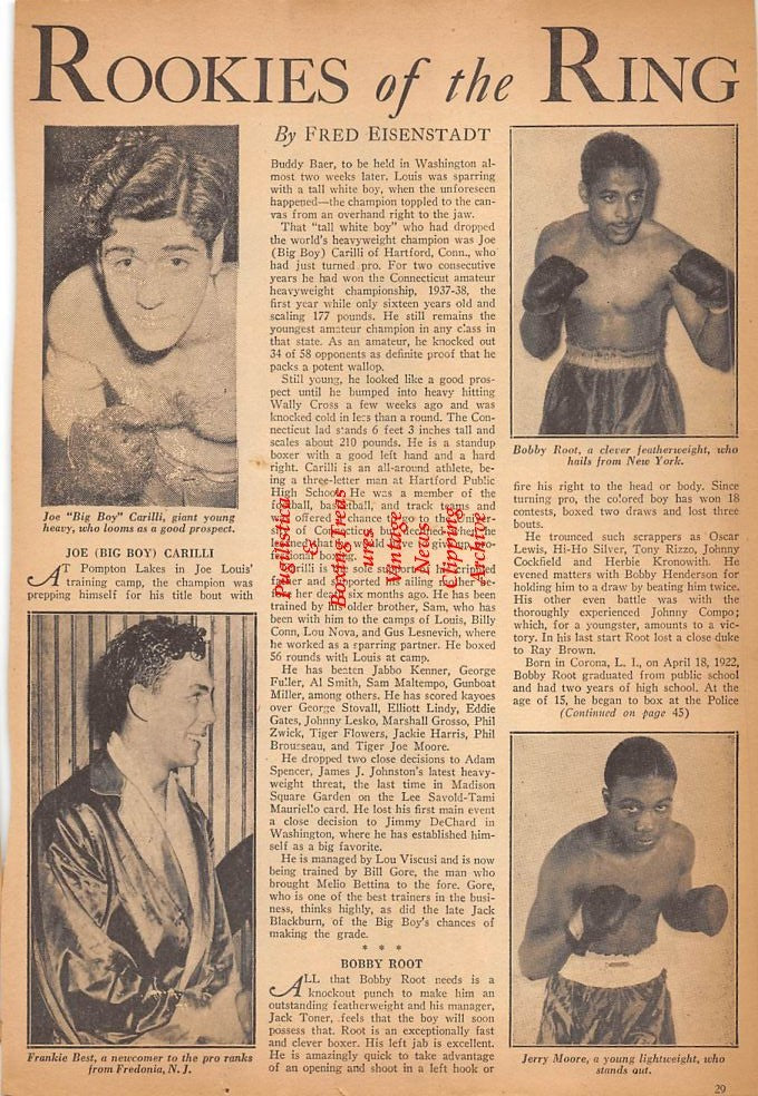 Boxing News Clipping #361 - Joe Carilli, Bobby Root, Frankie Best, Jerry Moore, Curley Nichols, Walter Michaels and others