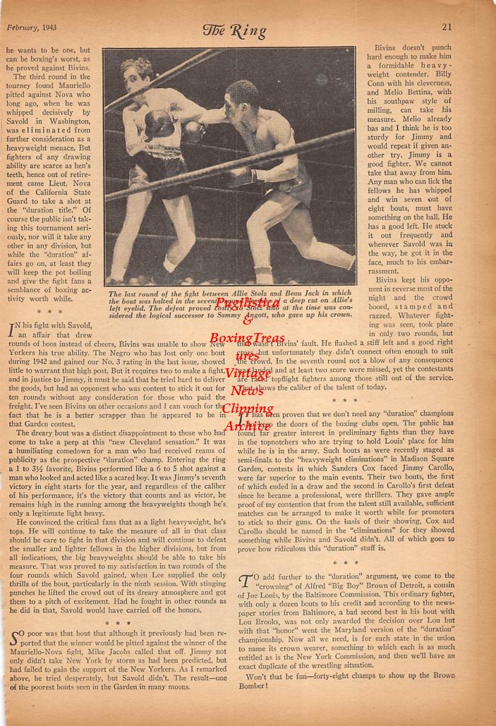 Boxing News Clipping #366 - Allie Stoltz vs. Beau Jack, Sugar Ray Robinson vs. Vic Dellicurti