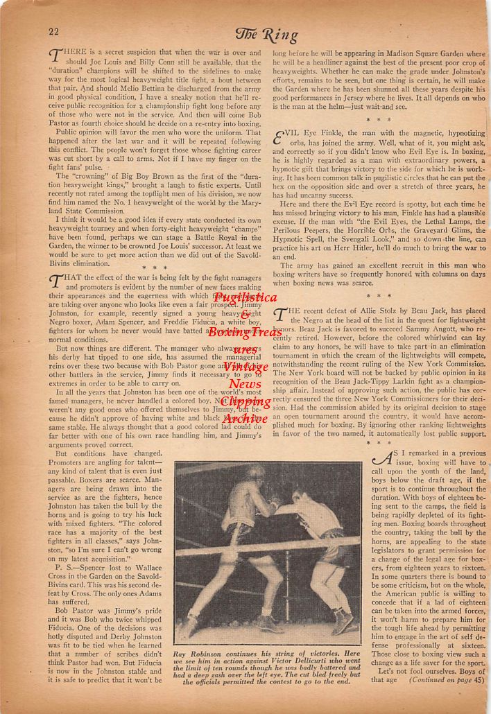 Boxing News Clipping #366 - Allie Stoltz vs. Beau Jack, Sugar Ray Robinson vs. Vic Dellicurti