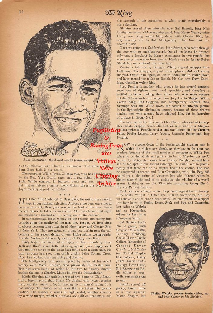 Boxing News Clipping #369 - Sammy Angott, Willie Joyce, Beau Jack, Lulu Costantino, Chalky Wright