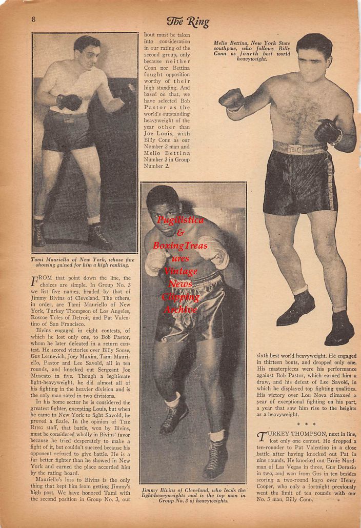 Boxing News Clipping #372 - Tami Mauriello, Jimmy Bivins, Melio Bettina, Billy Conn