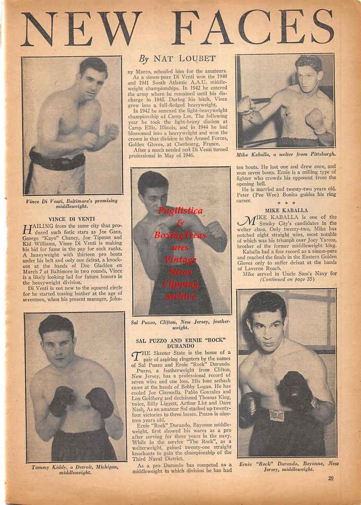 Boxing News Clipping #377 - Vince DiVenti, Mike Kaballa, Sal Puzzo, Tommy Kiddy, Ernie Durando, Frankie Genaro