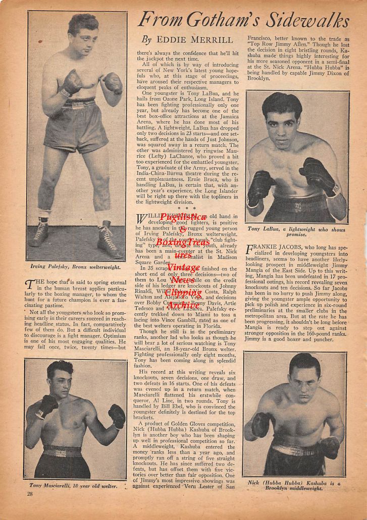 Boxing News Clipping #378 - Irving Palefsky, Tony LaBua, Tony Masciarelli, Nick Kashuba, George Temple, Joe Lynam