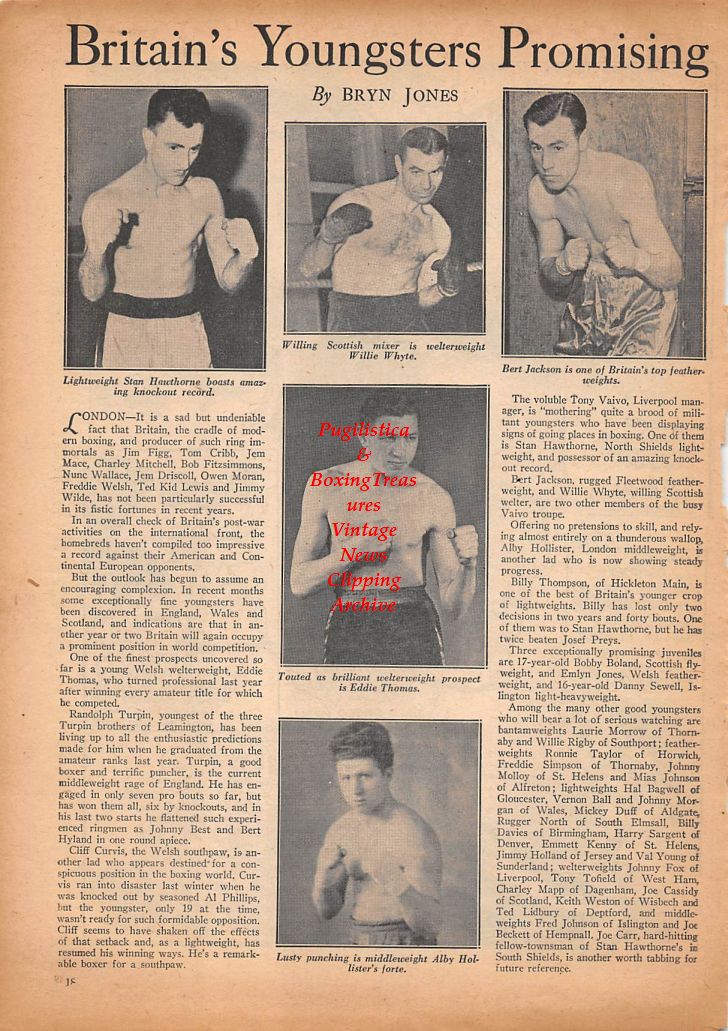 Boxing News Clipping #382 - Tony Zale, Tommy Farr, Stan Hawthorne, Willie Whyte, Bert Jackson, Eddie Thomas, Alby Hollister