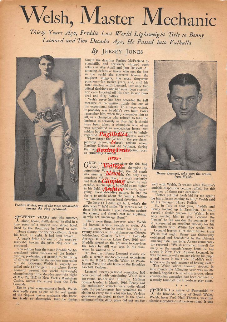 Boxing News Clipping #384 - Tommy Gibbons, Freddie Welsh, Benny Leonard