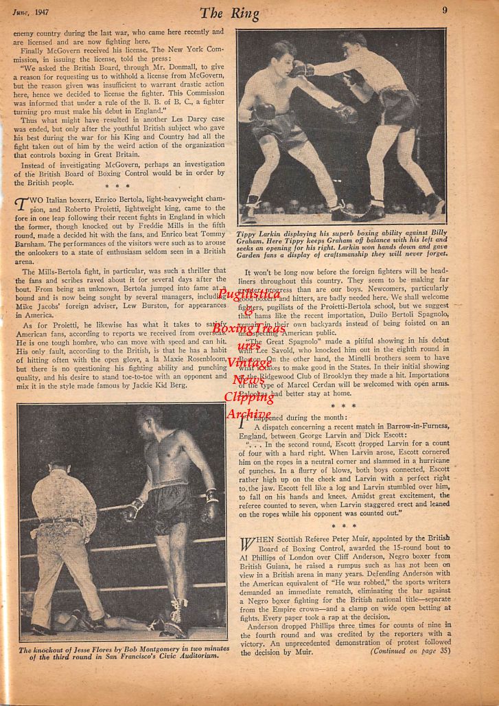 Boxing News Clipping #385 - Charley Fusari, Bob Montgomery vs. Jesse Flores, Tippy Larkin vs. Billy Graham