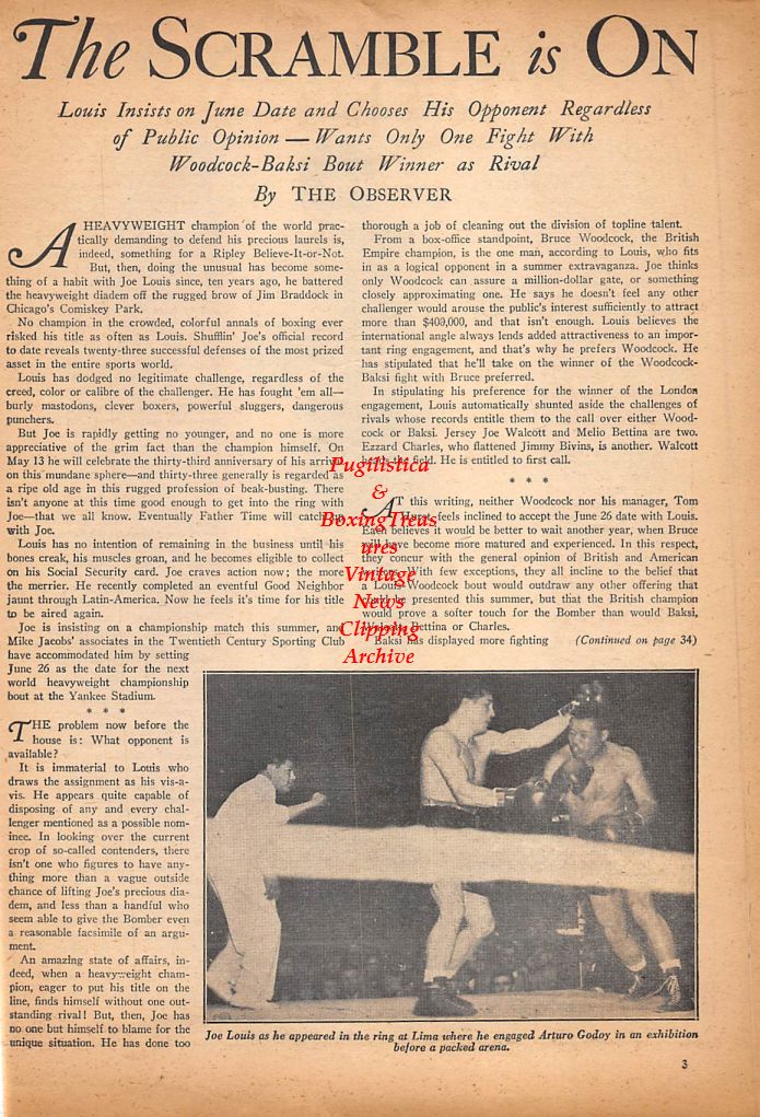 Boxing News Clipping #388 - Melio Bettina, Joe Louis vs. Arturo Godoy