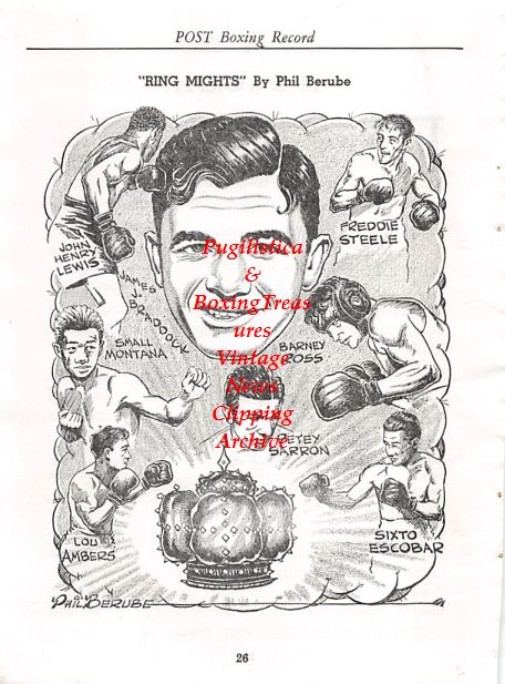 Boxing News Clipping #406 - Cartoon featuring James Braddock, John Henry Lewis, Freddie Steele, Barney Ross, Small Montana, Petey Sarron, Lou Ambers, Sixto Escobar
