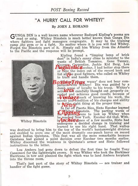 Boxing News Clipping #407 - Whitey Bimstein, Lou Gehrig