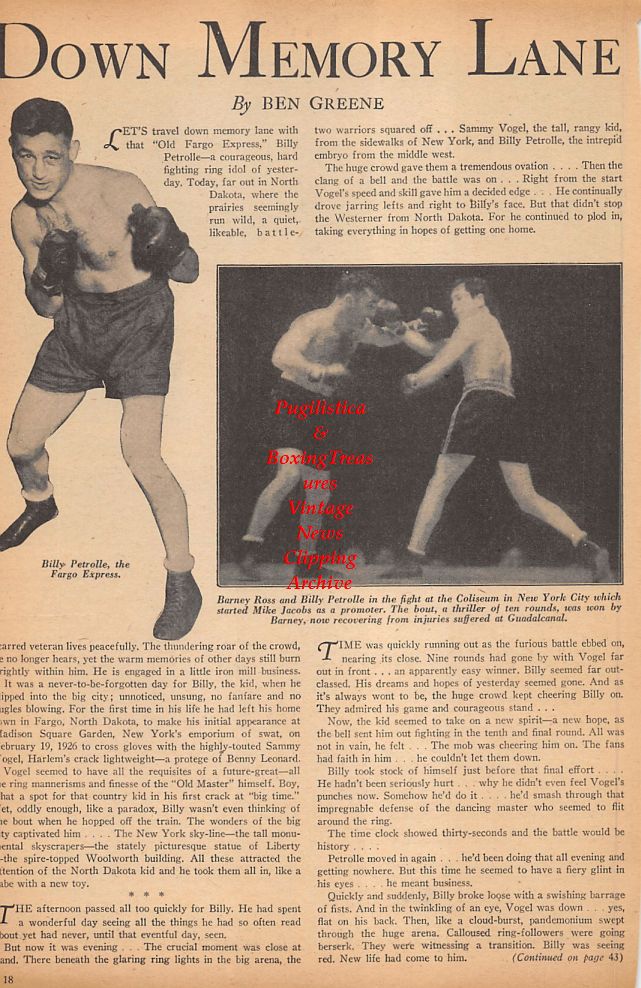 Boxing News Clipping #414 - Billy Petrolle, Barney Ross, Harold Perkin vs. Ellis Stewart