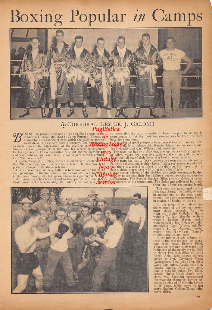 Boxing News Clipping #415 - Fort Riley Boxing Champions / Ralph Guildford, Reuben Meyer, Joe Prigosky, Young Stuhley, Bob Sikes, Cleveland West, Tom Attra, Crosby Taunto and more