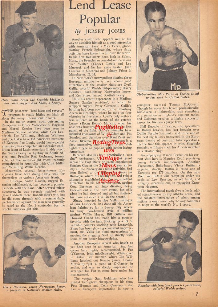 Boxing News Clipping #421 - Ken Shaw, Max Perez, Harry Berntsen, Cyril Gallie, Kid Herman