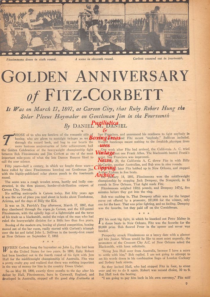Boxing News Clipping #422 - Bob Fitzsimmons vs. James J. Corbett "The Golden Anniversary"