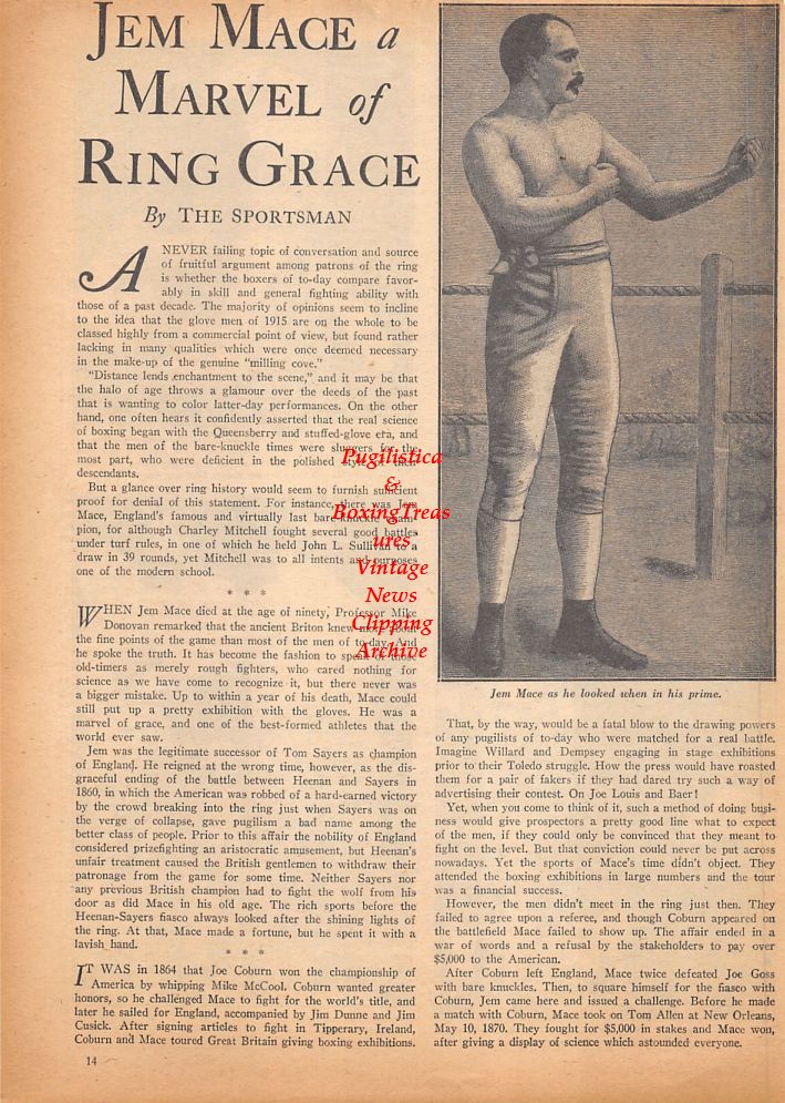 Boxing News Clipping #424 - Jem Mace, Gus Lesnevich vs. Billy Fox
