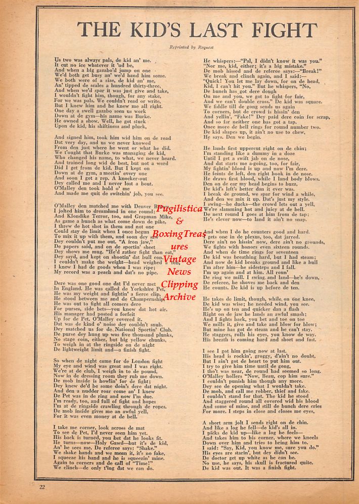 Boxing News Clipping #427 - "The Kid's Last Fight", Freddie Price, Pat O'Connor
