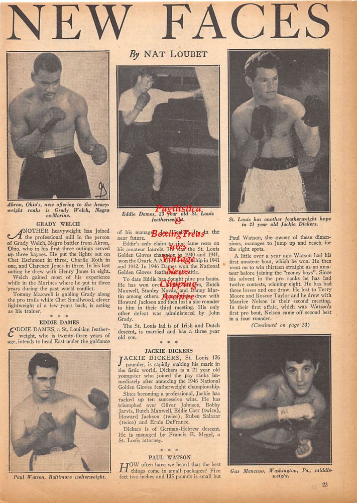 Boxing News Clipping #428 - Grady Welch, Eddie Dames, Jackie Dickers, Paul Watson, Gus Mancuso