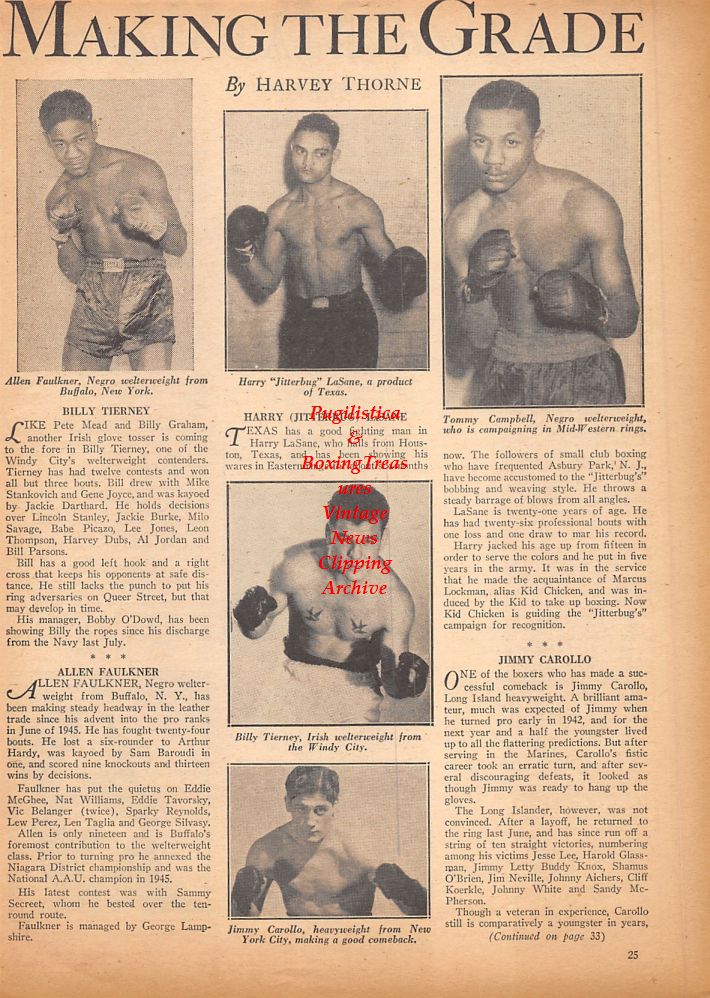 Boxing News Clipping #429 - Allen Faulkner, Harry LaSane, Tommy Campbell, Billy Tierney, Jimmy Carollo, Sterling Davis, Frankie Taylor, Billy Raburn