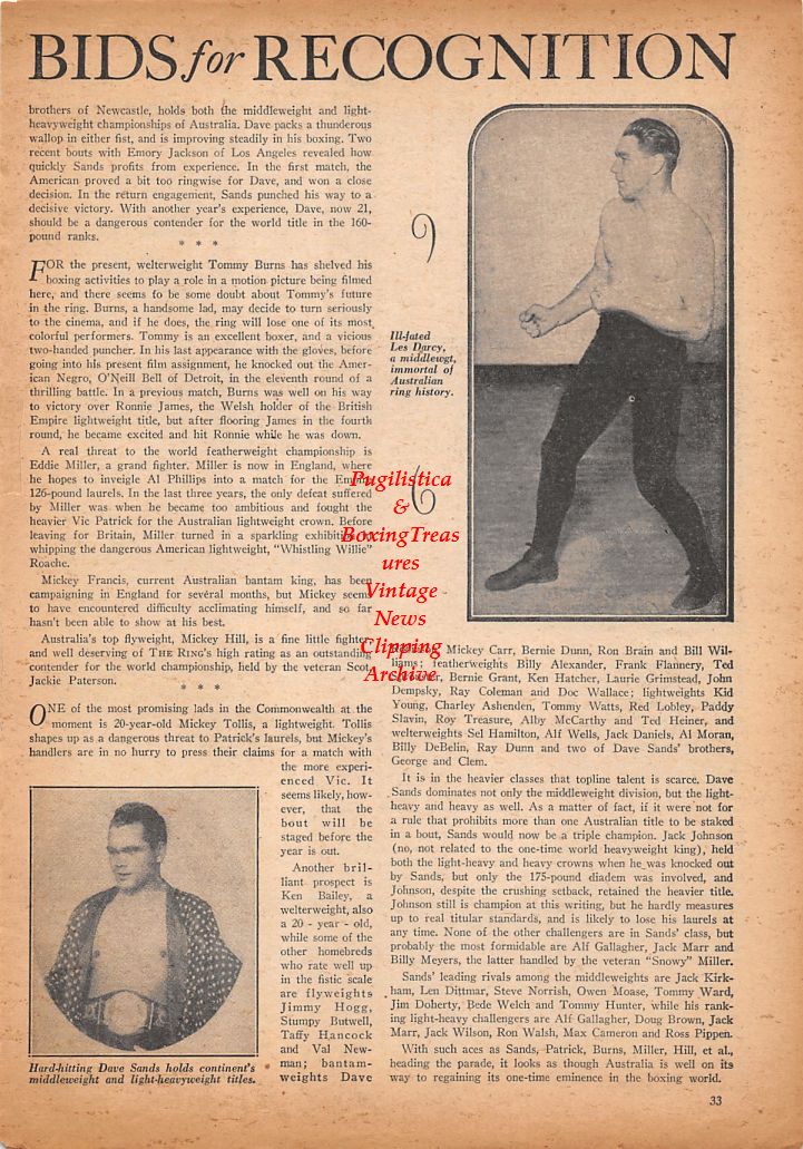 Boxing News Clipping #435 - Les Darcy, Dave Sands