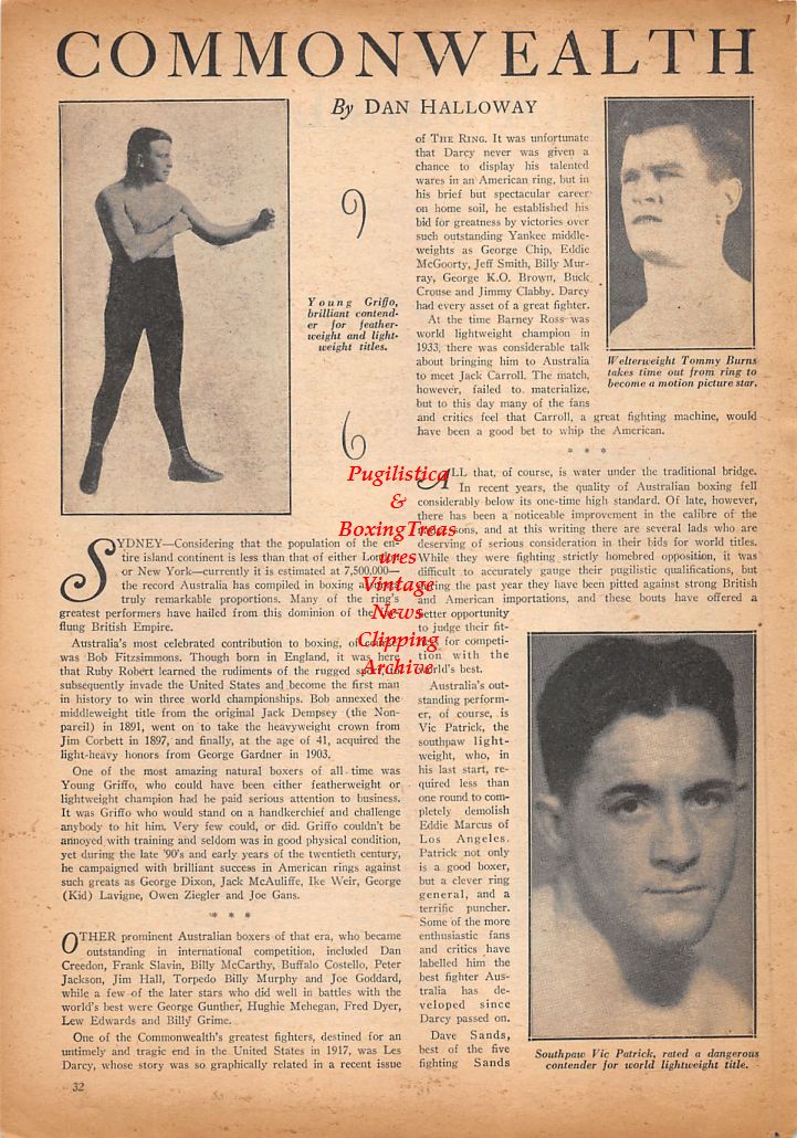 Boxing News Clipping #436 - Young Griffo, Vic Patrick, Tommy Burns (Welterweight), Jack Skelly, Frank Erne