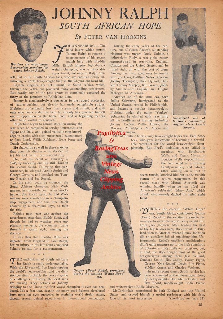 Boxing News Clipping #438 - Johnny Ralph, Laurie Stevens, Boer Rodel, Max Schmeling