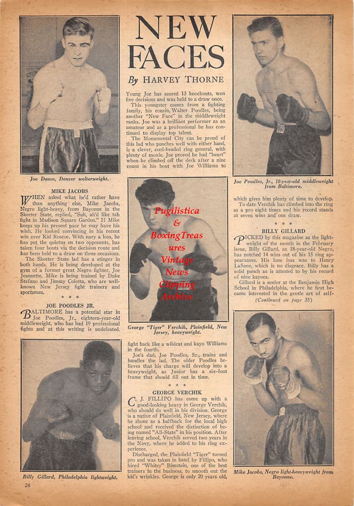 Boxing News Clipping #439 - Joe Danos, Joe Poodles Jr., George Verchik, Billy Gillard, Mike Jacobs, Joe Jeannette