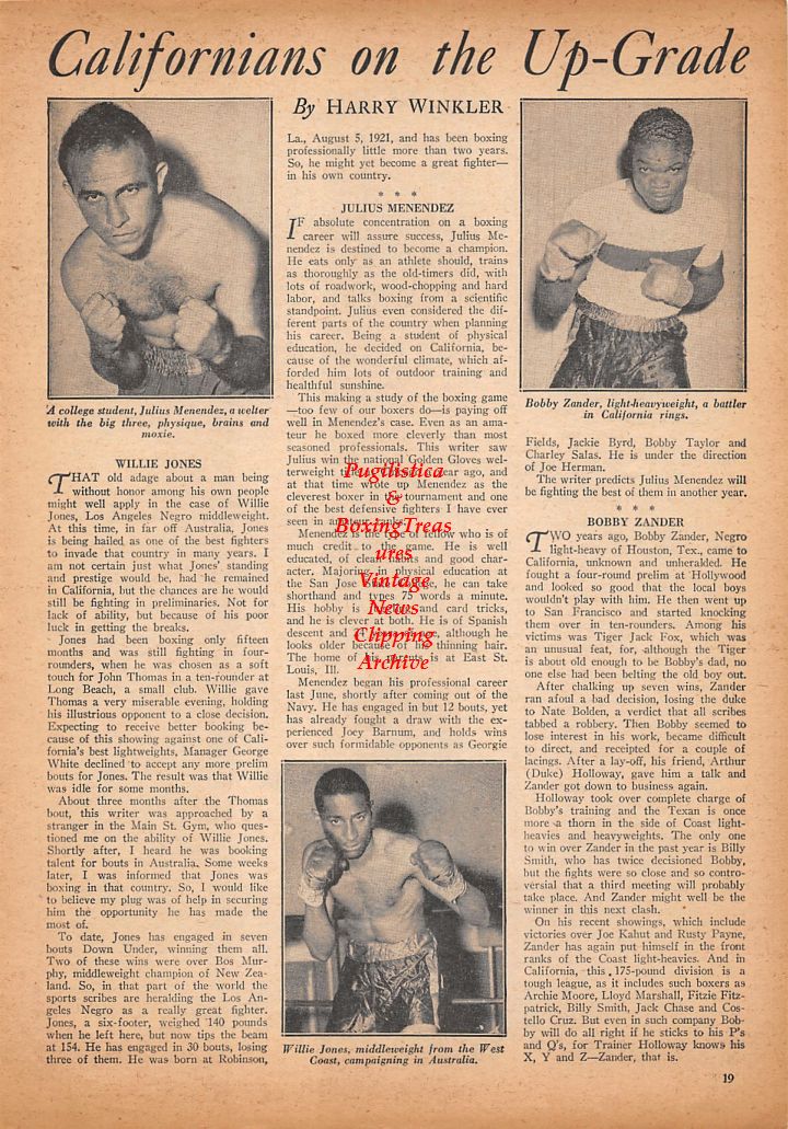 Boxing News Clipping #441 - Julius Menendez, Bobby Zander, Willie Jones, Billy Papke