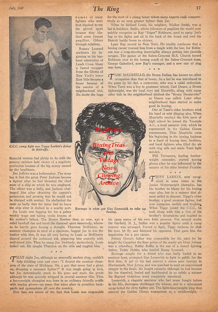 Boxing News Clipping #442 - Harry Hart, Irish Pat Richards, Joe D'Amato, Jimmy Wilson, Joey Karkido, Jackie Groff, Tippy Larkin, Gus Lesnevich