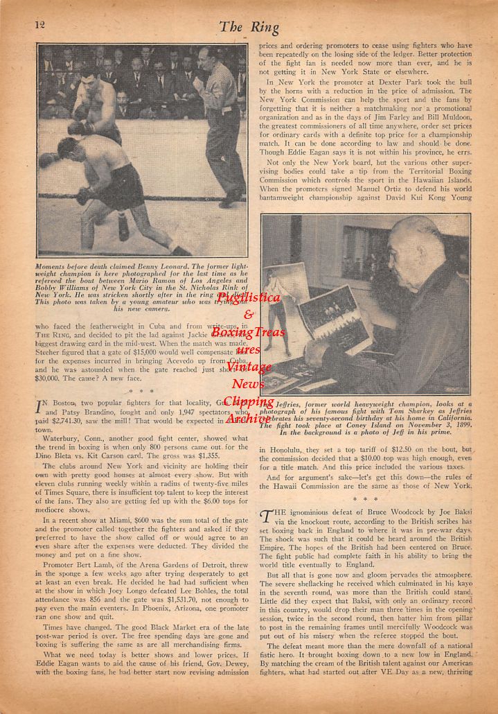 Boxing News Clipping #445 - Joe Baksi vs. Bruce Woodcock, Harold Dade, Benny Leonard Last Fight, James Jeffries