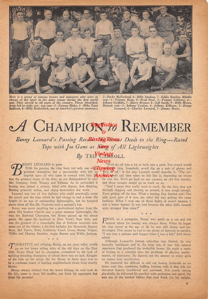 Boxing News Clipping #446 - Benny Leonard's passing, Boxers involved in training during WW1: George Blake, Mike Twin Sullivan, Billy Rodenback, Packy McFarland, Billy Sandow, Eddie Hanlon, Tommy Ryan, Fred Dyer, Tommy Gibbons, Johnny Griffiths and more