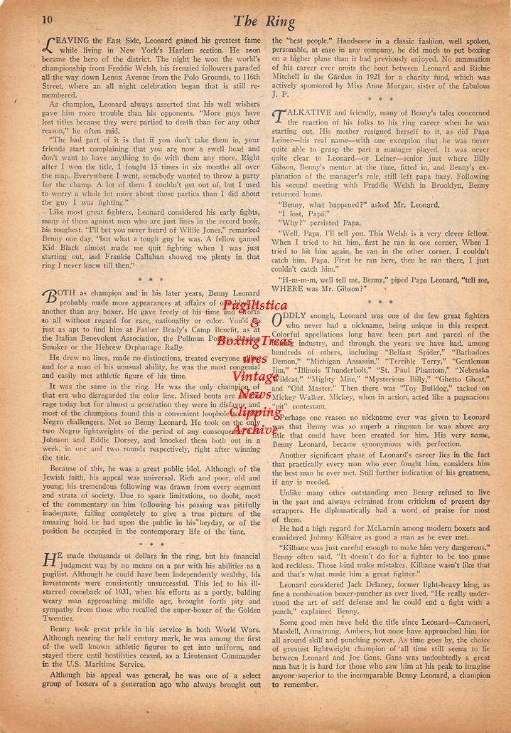 Boxing News Clipping #446 - Benny Leonard's passing, Boxers involved in training during WW1: George Blake, Mike Twin Sullivan, Billy Rodenback, Packy McFarland, Billy Sandow, Eddie Hanlon, Tommy Ryan, Fred Dyer, Tommy Gibbons, Johnny Griffiths and more