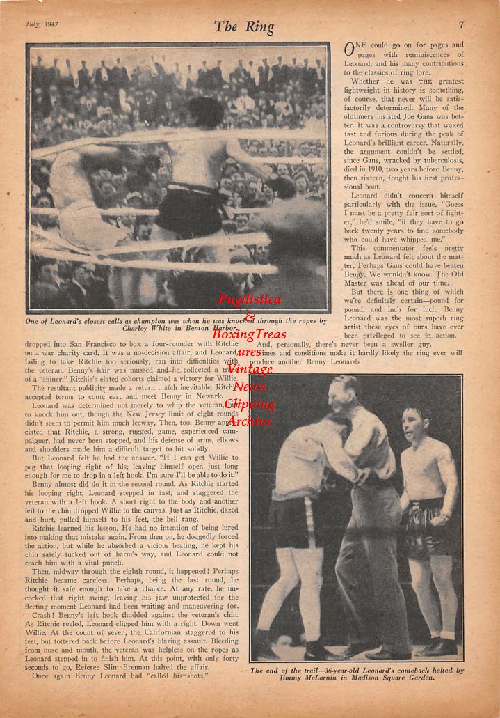 Boxing News Clipping #447 - Benny Leonard, Charley White, Jimmy McLarnin