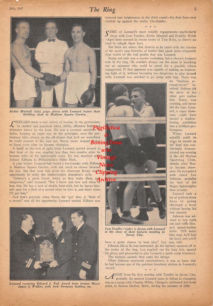 Boxing News Clipping #448 - Benny Leonard, Johnny Kilbane, Richie Mitchell, Lew Tendler, Jack Dempsey