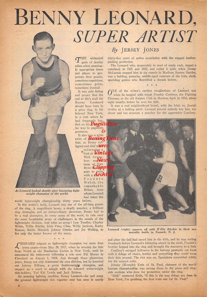 Boxing News Clipping #449 - Jersey Joe Walcott, Joe Baksi, Joey Maxim, Benny Leonard, Willie Ritchie