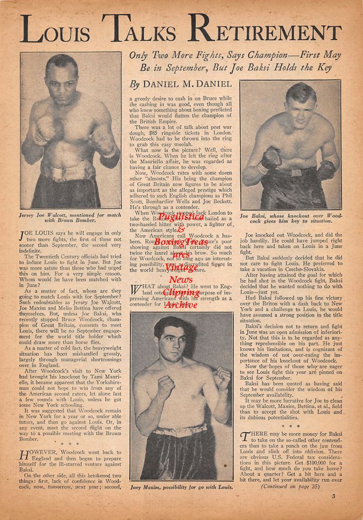 Boxing News Clipping #449 - Jersey Joe Walcott, Joe Baksi, Joey Maxim, Benny Leonard, Willie Ritchie
