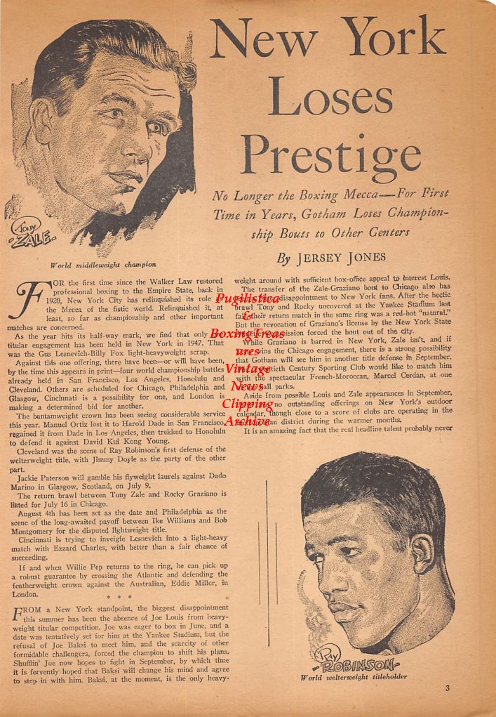 Boxing News Clipping #453 - Tony Zale, Sugar Ray Robinson, Manuel Ortiz, Jackie Paterson