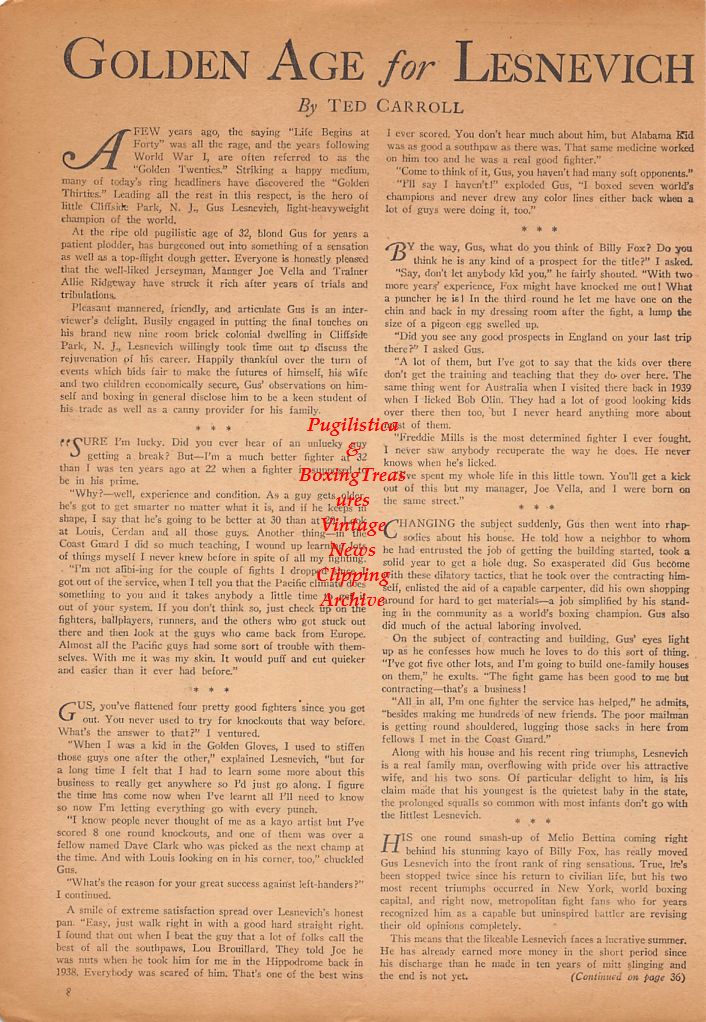 Boxing News Clipping #455 - "A History Making Kayo" Gus Lesnevich vs. Melio Bettina