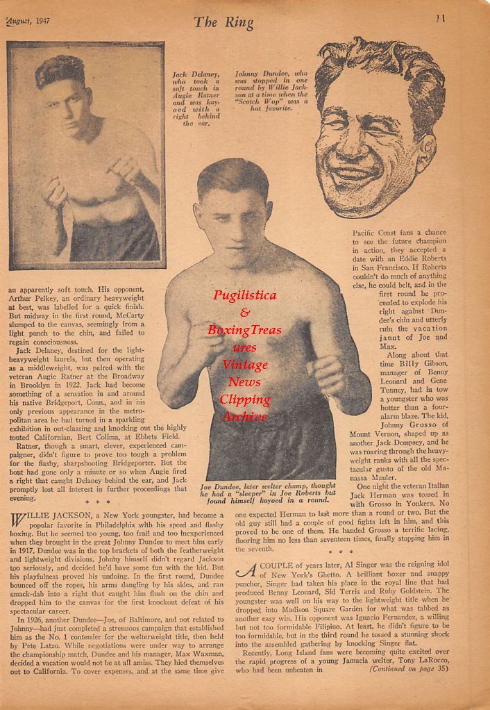 Boxing News Clipping #457 - Jack Delaney, Johnny Dundee, Joe Dundee, Sugar Ray Robinson vs. Georgie Abrams